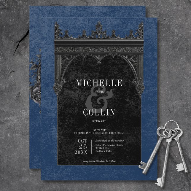 Gothic Black Dubbla Arch Black Ro Blue Bröllop Inbjudningar (Gothic Black Double Arch Black Roses Blue Wedding Invitation)