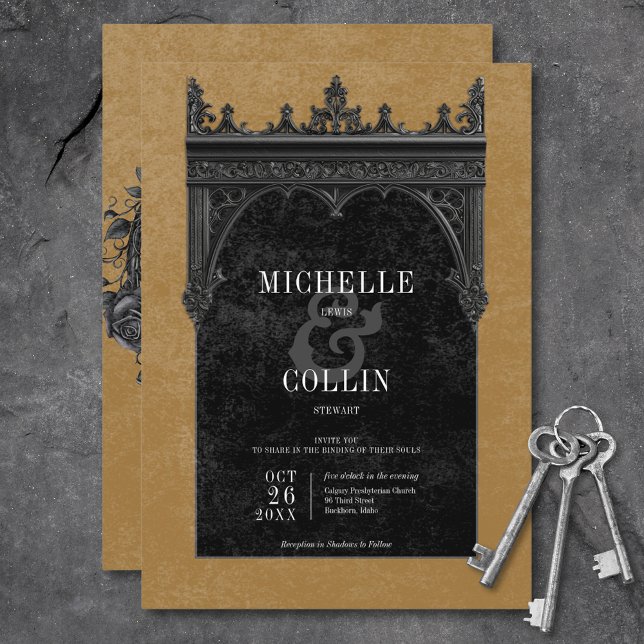 Gothic Black Dubbla Arch Black Ro Guld Bröllop Inbjudningar (Gothic Black Double Arch Black Roses Gold Wedding Invitation)