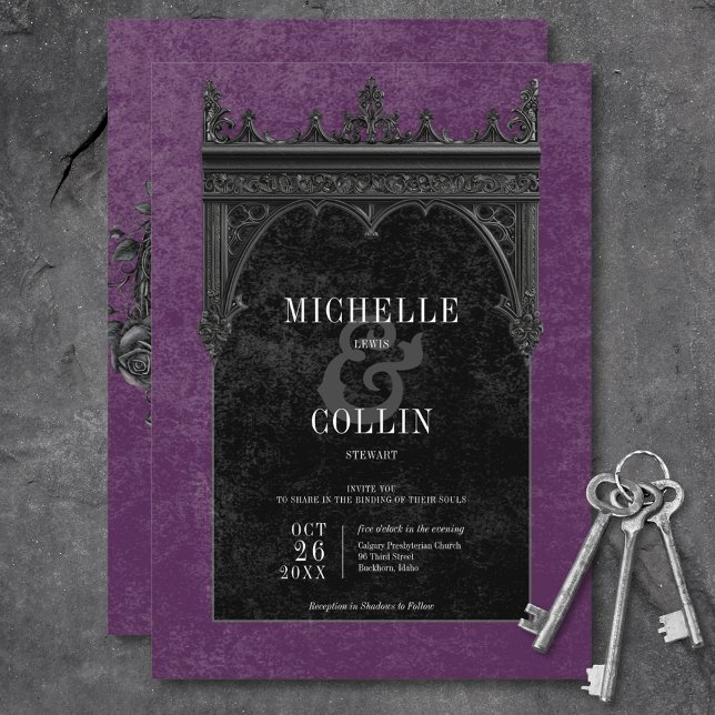 Gothic Black Dubbla Arch & Black Ro Lila Inbjudningar (Gothic Black Double Arch & Black Roses Purple Invitation)