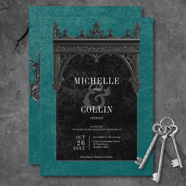 Gothic Black Dubbla Arch Black Ro Teal Bröllop Inbjudningar (Gothic Black Double Arch Black Roses Teal Wedding Invitation)