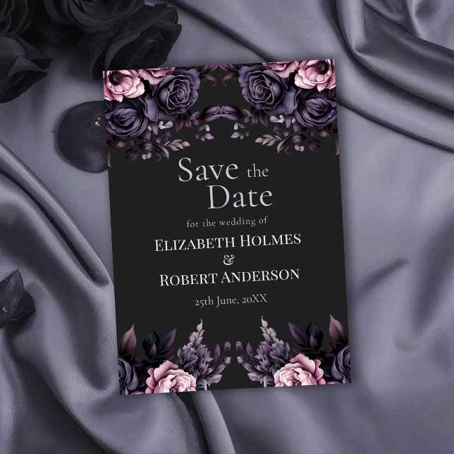 Gothic Black Floral Save the Date Card Inbjudningar (Gothic Black Floral Save the Date Card on a gothic wedding table with black roses.)