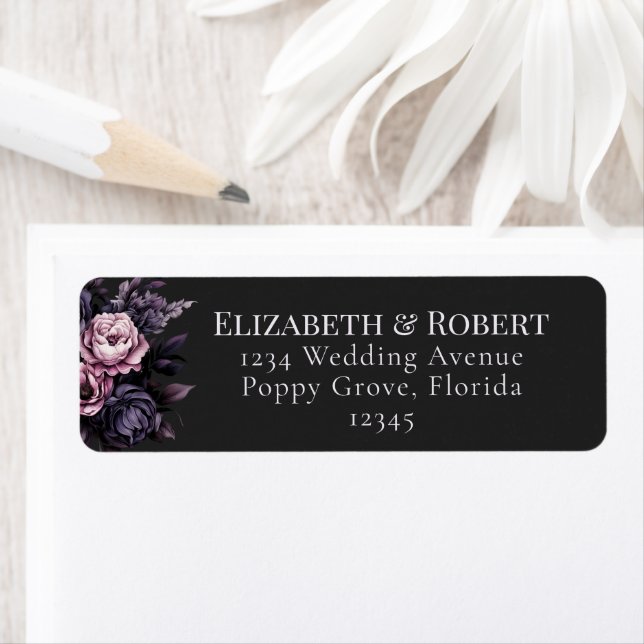 Gothic Black Floral Wedding Address Labels Returadress Etikett (Insitu)