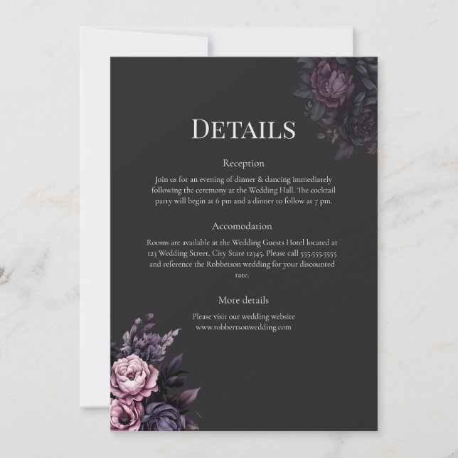 Gothic Black Floral Wedding Details Card Inbjudningar (Framsida)