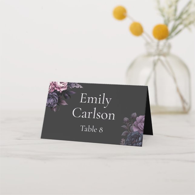 Gothic Black Floral Wedding Place Cards Placeringskort (Framsida)