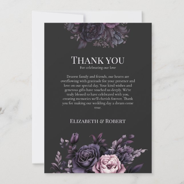 Gothic Black Floral Wedding Thank You Card Tack Kort (Framsida)