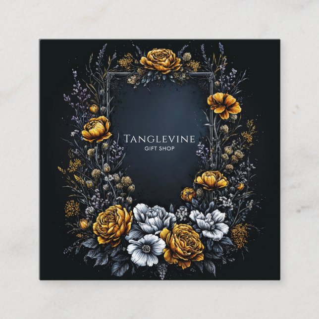 Gothic Black Gold Floral Wreath Dark Academia Fyrkantigt Visitkort (Framsida)