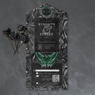 Gothic Black Green Filigree Moth QR-kod Bröllop