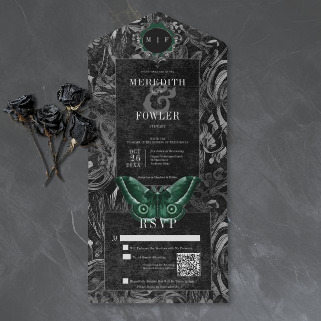 Gothic Black Green Filigree Moth QR-kod Bröllop (Skapare uppladdad)