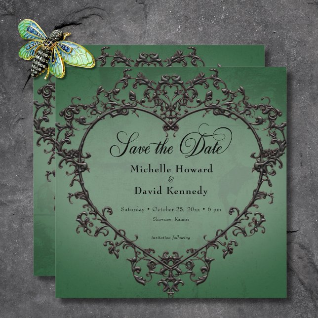 Gothic Black & Grönt Filigree Heart Bröllop Spara Datumet (Gothic Black & Green Filigree Heart Wedding Save The Date)