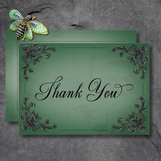 Gothic Black & Grönt Filigree Heart Bröllop Tack Kort (Gothic Black & Green Filigree Heart Wedding Thank You Card)