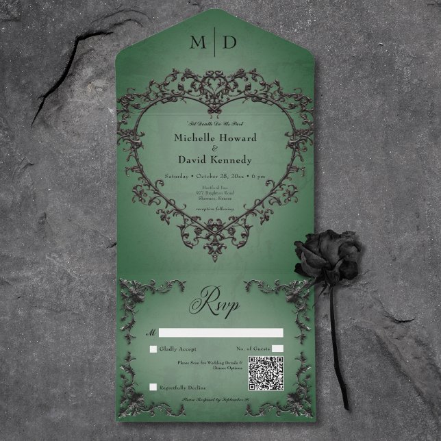 Gothic Black & Grönt Filigree Heart QR-kod (Gothic Black & Green Filigree Heart QR Code All In One Invitation)