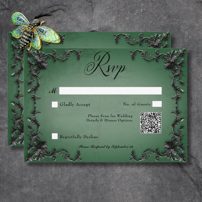 Gothic Black & Grönt Filigree Heart QR-kod OSA Kort (Gothic Black & Green Filigree Heart QR Code RSVP Card)