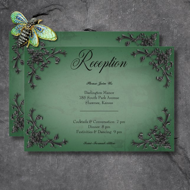 Gothic Black & Grönt Filigree Heart Reception Tilläggskort (Gothic Black & Green Filigree Heart Reception Enclosure Card)