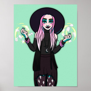 Gothic Black Grönt Modern Anime Witch Illustration Poster