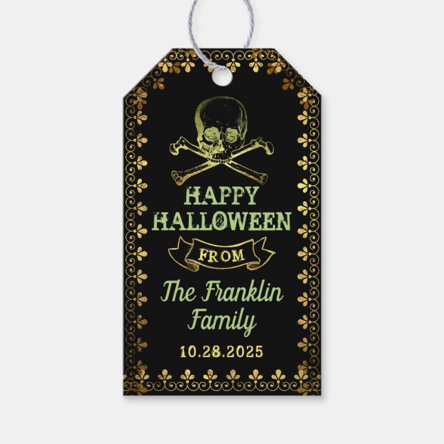 Gothic Black & Guld Skull Halloween fest Presentetikett (Framsidan)