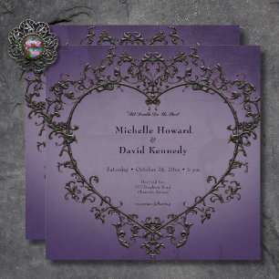 Gothic Black & Lila Filigree Heart Bröllop Inbjudningar