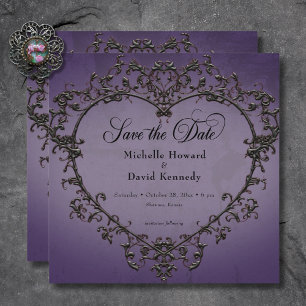 Gothic Black & Lila Filigree Heart Bröllop Spara Datumet