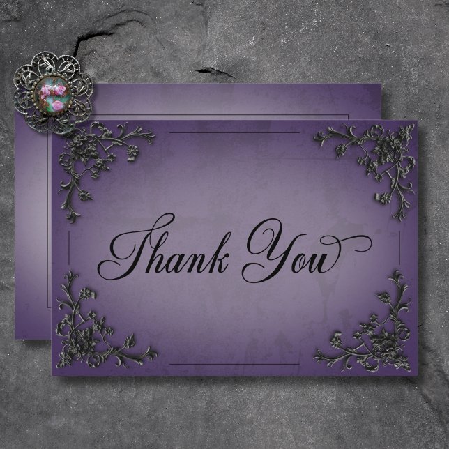 Gothic Black & Lila Filigree Heart Bröllop Tack Kort (Gothic Black & Purple Filigree Heart Wedding Thank You Card)
