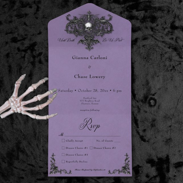 Gothic Black & Lila Halloween Filigree Middag (Gothic Black & Purple Halloween Filigree Dinner All In One Invitation)