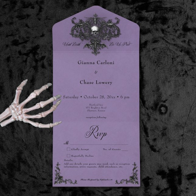 Gothic Black & Lila Halloween Filigree No. Middag (Gothic Black & Purple Halloween Filigree No Dinner All In One Invitation)