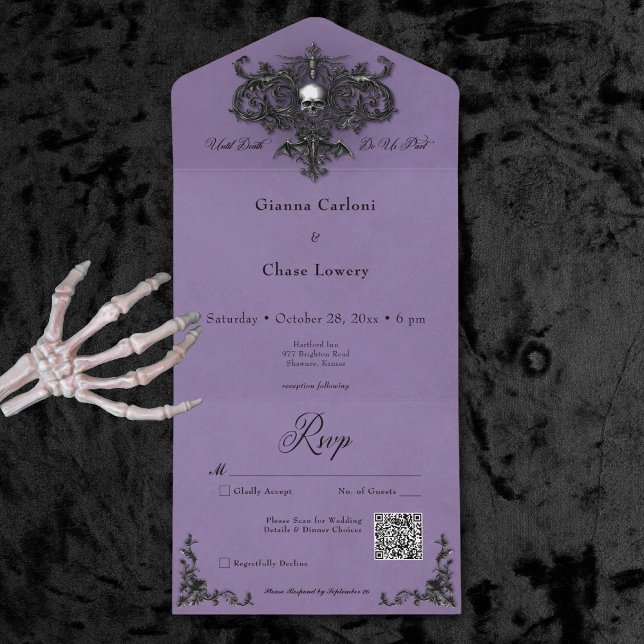 Gothic Black & Lila Halloween Filigree QR-kod (Gothic Black & Purple Halloween Filigree QR Code All In One Invitation)