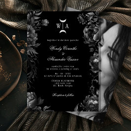 Gothic Black Monogram Måne Vapensköld Bröllop Phot Inbjudningar