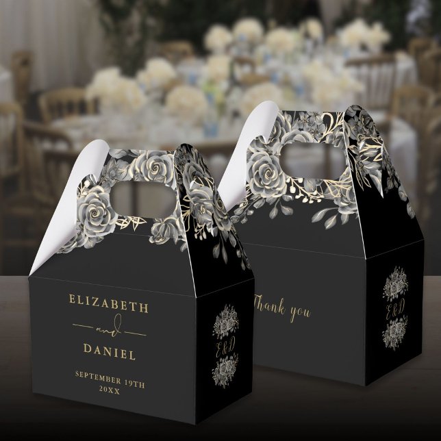 Gothic Black och Guld Blommigt Ro Monogram Bröllop Presentaskar (Gothic Black And Gold Floral Rose Monogram Wedding Favor Boxes)