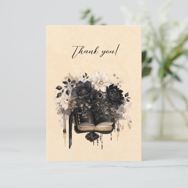 Gothic Black och Ivory Bok och Flowers Tack Kort (Stående Fram)