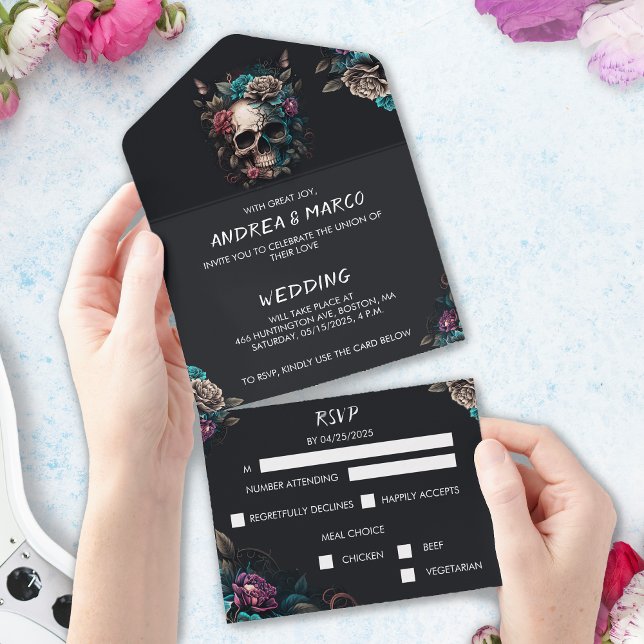Gothic Black och Lila Halloween Bröllop Skull Al (Skull Wedding Invitation With Rsvp Card)