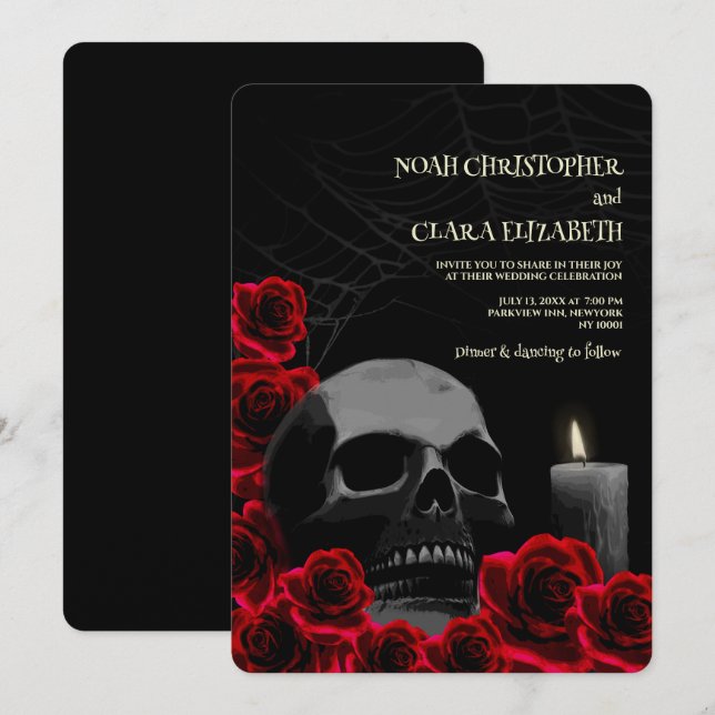 Gothic Black och Red Halloween Skull röd ros Inbjudningar (Fram/baksida)
