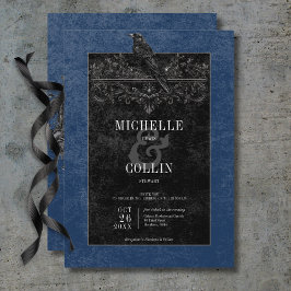 Gothic Black Raven & Black Ro Blue Bröllop Inbjudningar