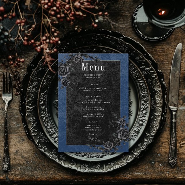 Gothic Black Raven & Black Ro Blue Bröllop Meny (Gothic Black Raven & Black Roses Blue Wedding Menu)