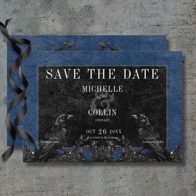 Gothic Black Raven & Black Ro Blue Bröllop Spara Datumet (Gothic Black Raven & Black Roses Blue Wedding Save Save The Date Card)