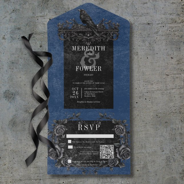 Gothic Black Raven & Black Ro Blue QR-kod (Gothic Black Raven & Black Roses Blue QR Code All In One Invitation)