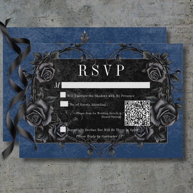 Gothic Black Raven & Black Ro Blue QR-kod OSA Kort (Gothic Black Raven & Black Roses Blue QR Code RSVP Card)