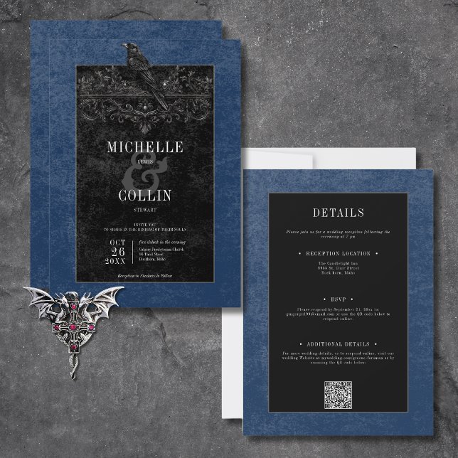 Gothic Black Raven & Black Ro Blue Two Sided Inbjudningar (Gothic Black Raven & Black Roses Blue All In One Invitation)
