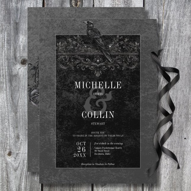 Gothic Black Raven & Black Ro Bröllop Inbjudningar (Gothic Black Raven & Black Roses Wedding Invitation)
