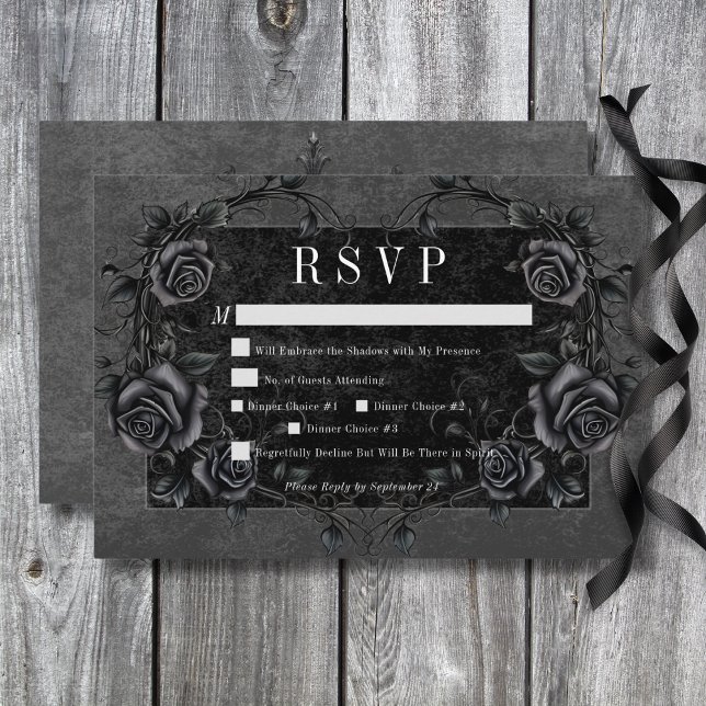 Gothic Black Raven & Black Ro Bröllop Middag OSA Kort (Gothic Black Raven & Black Roses Wedding Dinner RSVP Card)