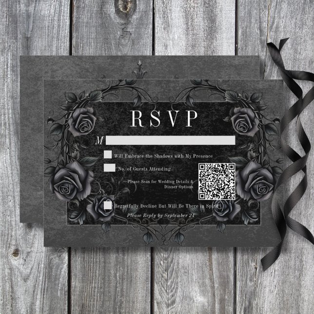 Gothic Black Raven & Black Ro Bröllop QR-kod OSA Kort (Gothic Black Raven & Black Roses Wedding QR Code RSVP Card)