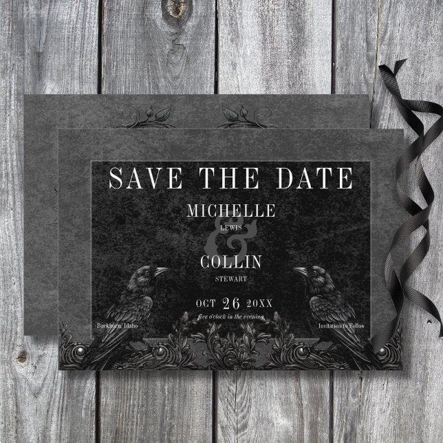 Gothic Black Raven & Black Ro Bröllop Spara Datumet (Gothic Black Raven & Black Roses Wedding Save The Date Card)