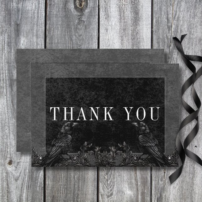 Gothic Black Raven & Black Ro Bröllop Tack Kort (Gothic Black Raven & Black Roses Wedding Details Thank You Card)