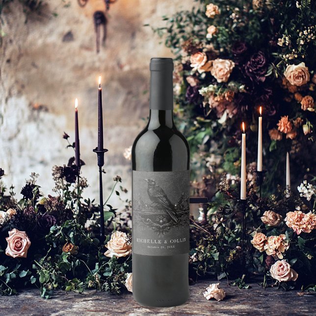 Gothic Black Raven & Black Ro Bröllop Vinflaska Etikett (Skapare uppladdad)