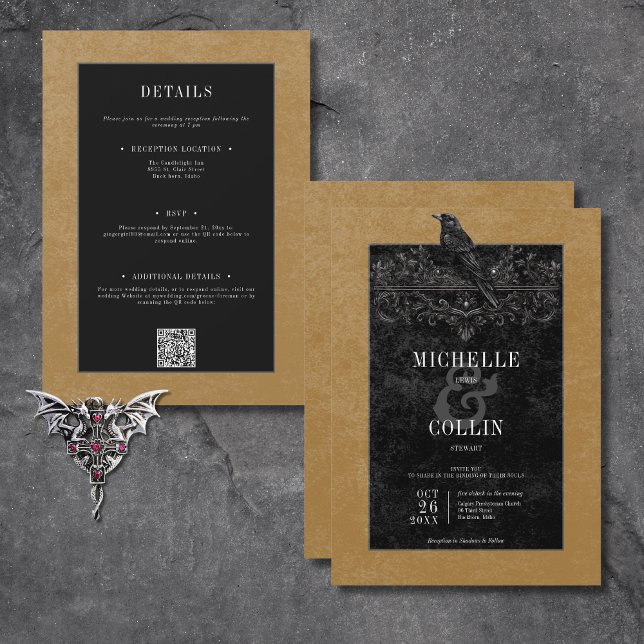 Gothic Black Raven & Black Ro Guld 2 Side Inbjudningar (Gothic Black Raven & Black Roses Gold All In One Invitation)