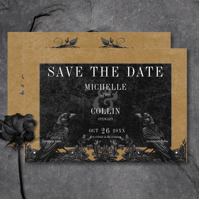Gothic Black Raven & Black Ro Guld Bröllop Spara Datumet (Gothic Black Raven & Black Roses Gold Wedding Save The Date Card)