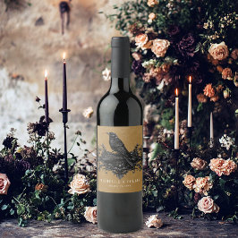 Gothic Black Raven & Black Ro Guld Bröllop Vinflaska Etikett