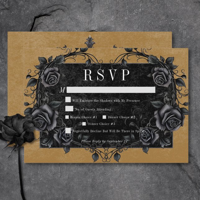 Gothic Black Raven & Black Ro Guld Middag OSA Kort (Gothic Black Raven & Black Roses Gold Dinner RSVP Card)