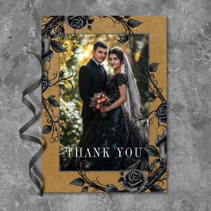 Gothic Black Raven Black Ro Guld Photo Bröllop Tack Kort