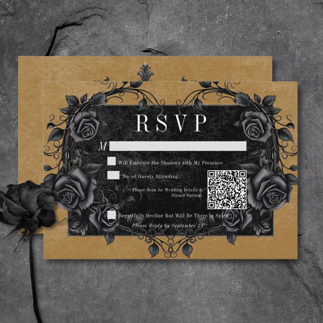 Gothic Black Raven & Black Ro Guld QR-kod OSA Kort (Gothic Black Raven & Black Roses Gold QR Code RSVP Card)
