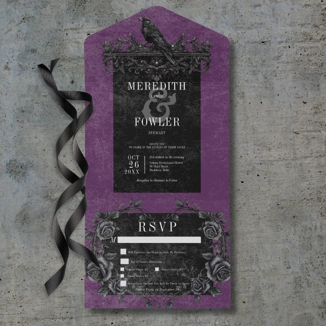 Gothic Black Raven & Black Ro Lila 3 Middag (Gothic Black Raven & Black Roses Purple 3 Dinner All In One Invitation)