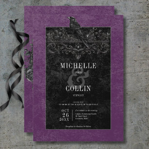 Gothic Black Raven & Black Ro Lila Bröllop Inbjudningar